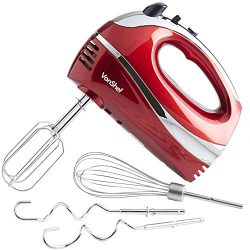 VonShef RED 250W Hand Mixer Whisk With Chrome Beater, Dough Hook, 5 Speed and Turbo Button + FRE ...