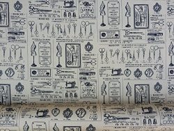 Vintage cotton print fabric Sewing Machines, Scissors, mannequins cotton poplin dressmaking patc ...