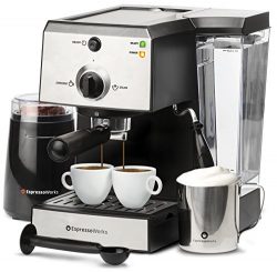 7 Pc All-In-One Espresso/Cappuccino Machine Bundle Set- (Includes: Electric Coffee Bean Grinder, ...