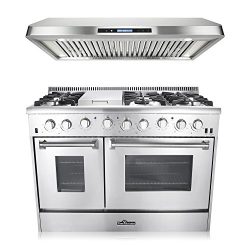 Cosmo 48 in. Appliance Package Thor Kitchen 6.7 cu ft Double Oven Gas Range and Cosmo 1200 CFM D ...