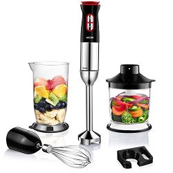 Hand Immersion Blender Aicok 4-in-1 Smart 12 Speed Turbo Hand Blender Stick 800W with 500ml Food ...