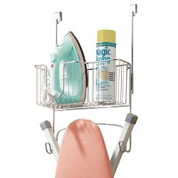 mDesign Ironing Board Holder with Large Storage Basket – Holds Iron, Board, Spray Bottles, ...