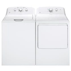 GE White Laundry Pair with GTW330ASKWW 27″ Top Load Washer and GTD33EASKWW 27″ Front ...