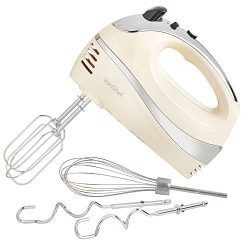 VonShef Cream 250W Hand Mixer Whisk With Chrome Beater, Dough Hook, 5 Speed and Turbo Button + F ...