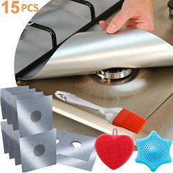 12-Pack Reusable Gas Stove Burner Covers Silver, 2x Silicone Brush + 1pc Silicone Drain Cover, N ...