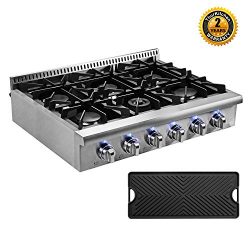 Thor Kitchen Pro-Style 36” Gas Rangetop with 6 Sealed Burners, Flat Cast-Iron Grates, Cast ...