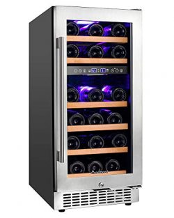 Aobosi 15 Inch Wine Cooler 28 Bottle Dual Zone Wine Refrigerator with Stainless Steel Tempered G ...