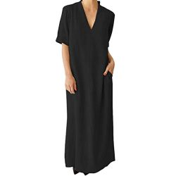 Women Cotton Linen Maxi Dress, Lady Casual Deep V Neck Short Sleeve Solid Loose Beach Sundresses ...