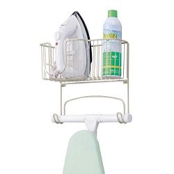 mDesign Metal Wall Mount Ironing Board Holder with Large Storage Basket – Holds Iron, Boar ...